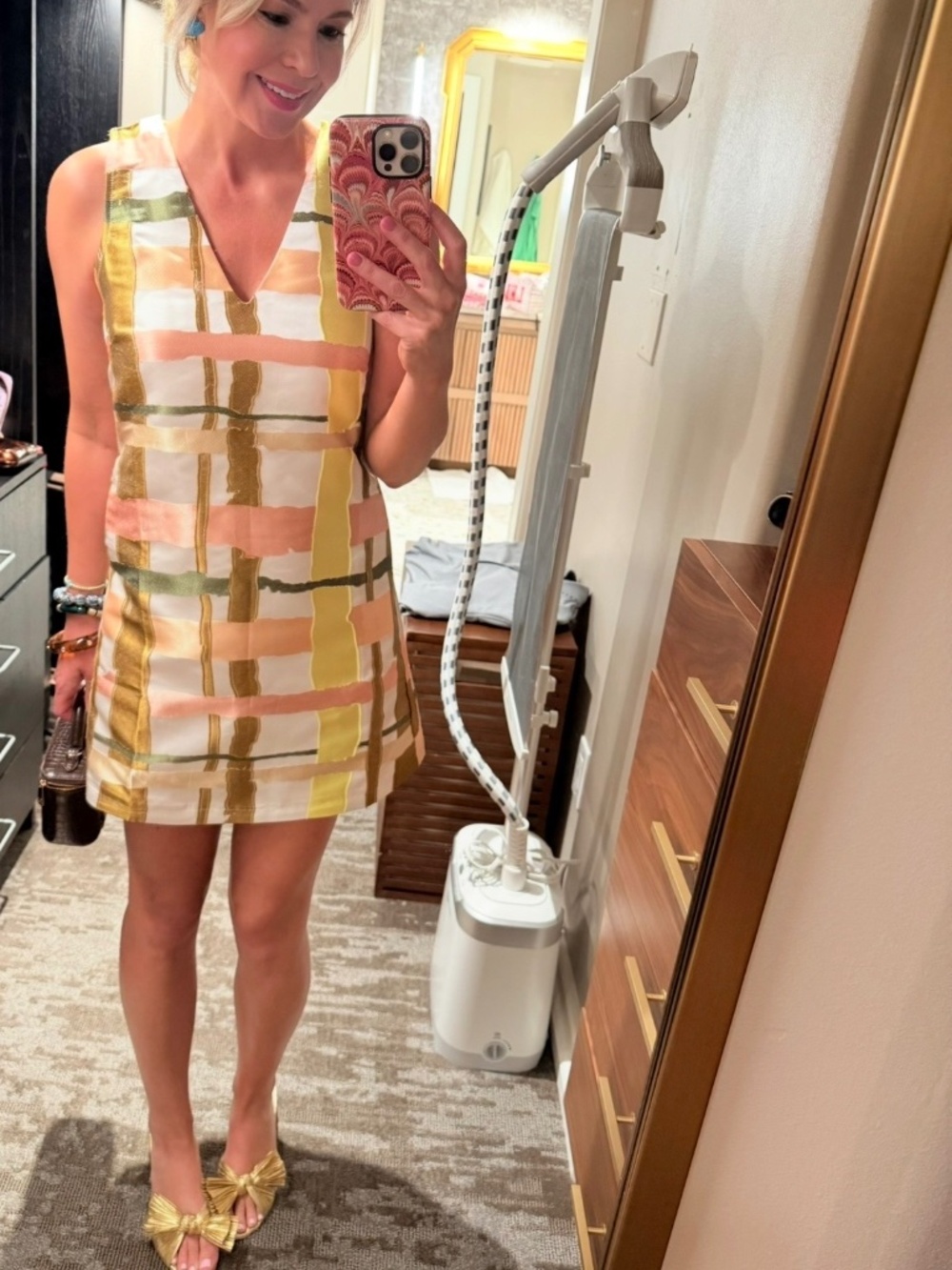 Buru Mod Plaid Print Brocade Mock Neck Sleeveless Shift Dress